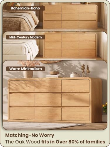 Modern 63" Wide 9 Drawers Dresser with Curved Profile Design, Oak, view 4
