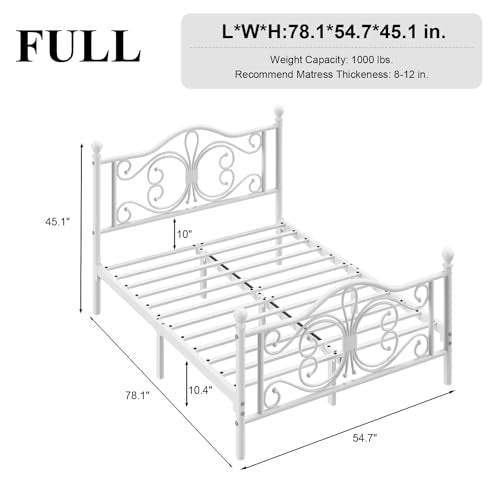 Full Size Bed Frame with Butterfly Pattern Design Headboard, White, view 3