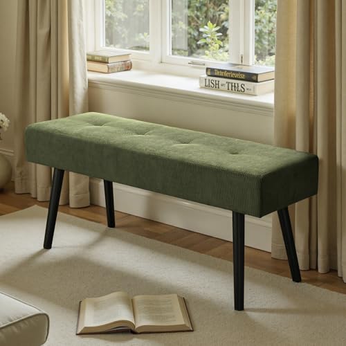 Entryway Bench - Green Bench for Bedroom, Modern Ottoman End of Bed, Corduroy Padded Benches for Living Room, Foyer, Mudroom, Hallway - 39" L x 14" W x 17" H | Corduroy Padded Benches for Living Room, Foyer, Mudroom, Hallway - 39" L x 14" W x 17" H