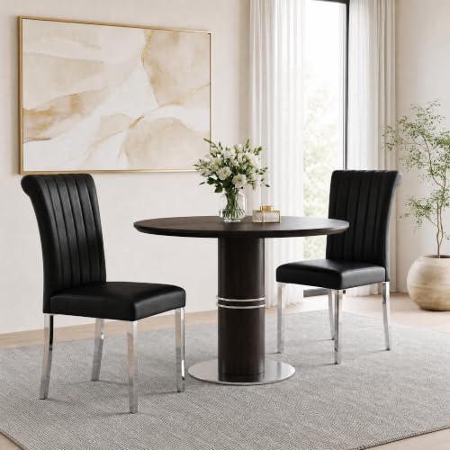 Black Leather Dining Chairs Set of 2, Silver Stainless Steel Legs, view 5
