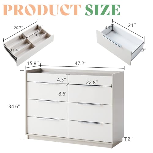 47.2" W 8-Drawer Dresser with Glass Top, High Gloss, Cream & Grey, view 3