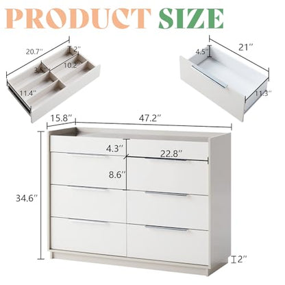 47.2" W 8-Drawer Dresser with Glass Top, High Gloss, Cream & Grey, view 3