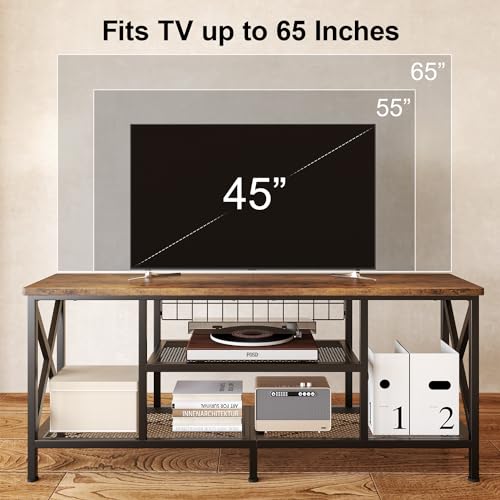 59.8" Industrial TV Stand for 55-65 Inch TVs, Rustic Brown, 3-Tier Media Entertainment Center with Open Shelves, Metal Frame, Sofa Table for Living Room, Bedroom, Office
