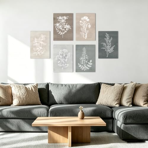 Neutral Botanical Plant Canvas 6 Pieces Wall Art Rustic Wall Decor Farmhouse Wall Paintings Botanical Prints Simple Plants Wall Pictures Minimalist Flower Decor for Living Room Bedroom Bathroom Office Dining Room 12"x 16"