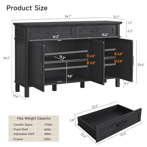 55 Inch Buffet Cabinet with Storage, Black, view 4
