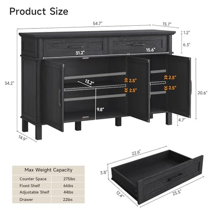 55 Inch Buffet Cabinet with Storage, Black, view 4