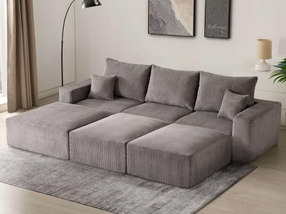 Sectional Cloud Boneless Sofa Bed Couches for Living Room-113'' Gray 3 Seater Modern Lounge Sleeper Couch-No Assembly-Modular Corduroy Convertible Sponge Compression Sofas with Chaise for Home House