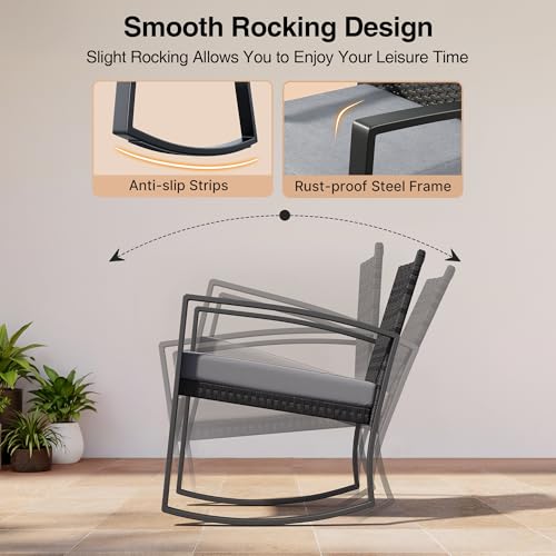 3 Pieces Patio Furniture Set Rocking Bistro Set Outdoor Rattan Conversation with Coffee Table for Garden Balcony Backyard Poolside (Grey Cushion)