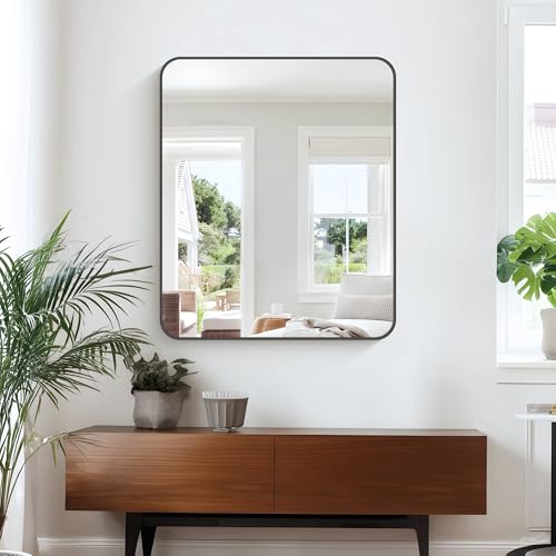 30x36 Inch Rectangle Bathroom Mirror with Black Metal Frame,Modern Design of Wall Mounted Upgraded Shatterproof Glass, Rounded Corners for Bedroom, Living Room, Entryway