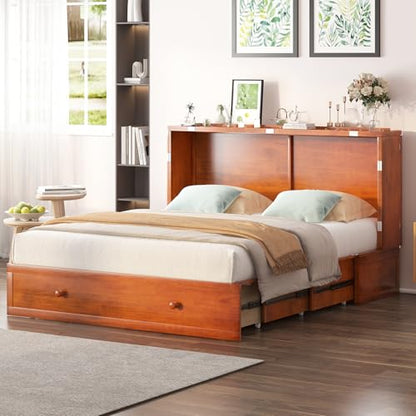 Queen Size Murphy Bed Cabinet with Tri-Fold Mattress Not Included, Wooden Cabinet Bed with Built-in USB Charging Station and 2 Storage Drawers, Cube Chest Beds for Office Guest Room, Cherry