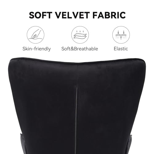 Mid Century Modern Accent Chair, Velvet Upholstered Armchair with Metal Legs, Tufted Button Wingback Side Chair, High Back Reading Chair for Living Room Bedroom, Black