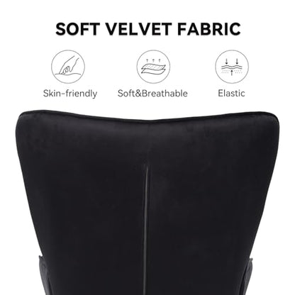 Mid Century Modern Accent Chair, Velvet Upholstered Armchair with Metal Legs, Tufted Button Wingback Side Chair, High Back Reading Chair for Living Room Bedroom, Black