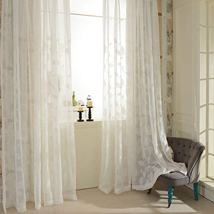 White Sheer Curtains 84 inches Long Leaves Embroidered Window Curtain Sheer Voile Panels for Living Room & Bedroom, 54x84, Two Panels