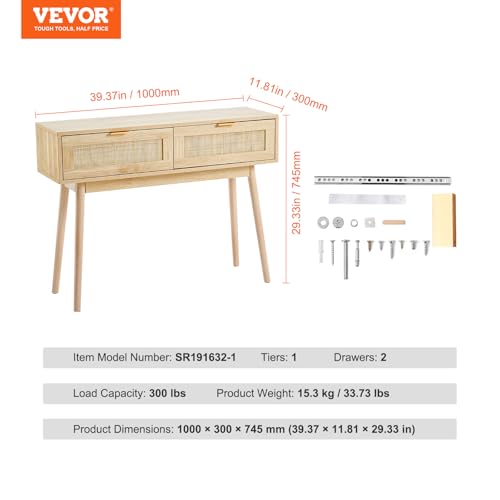 Rattan Console Table with 2 Storage Drawers, Rattan Entryway Table with Natural Rattan Sliding Door, Console Sofa Table for Living Room, Study, Entryway Or TV Wall, Natural
