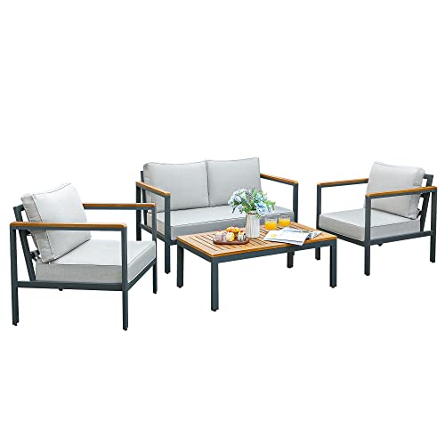 4 Pieces Patio Furniture Sets Outdoor Conversation Set Acacia Wood Sofa Set with Coffee Table Thicker Sponge Cushion