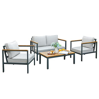 4 Pieces Patio Furniture Sets Outdoor Conversation Set Acacia Wood Sofa Set with Coffee Table Thicker Sponge Cushion