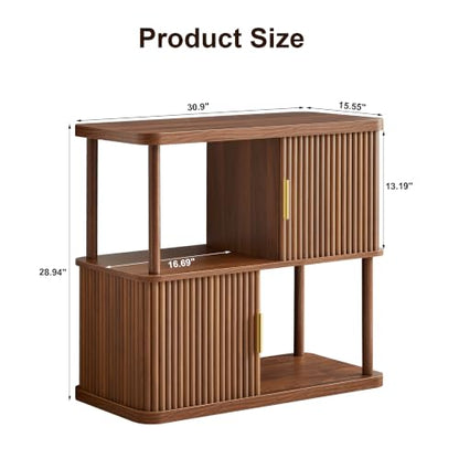 2-Tier Walnut Bookshelf 4-Cube Display Bookcase with Sliding Doors, view 3