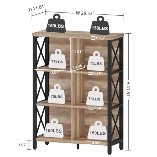 Bookcase, 6 Cube Storage Organizer Shelf, Wood and Metal Cubby Book Shelf, Industrial 4 Tier Cube Bookshelf (Rustic Oak)