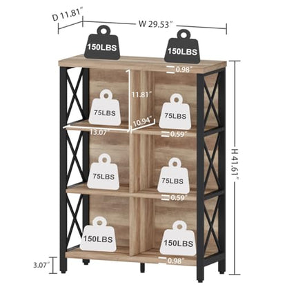 Bookcase, 6 Cube Storage Organizer Shelf, Wood and Metal Cubby Book Shelf, Industrial 4 Tier Cube Bookshelf (Rustic Oak)