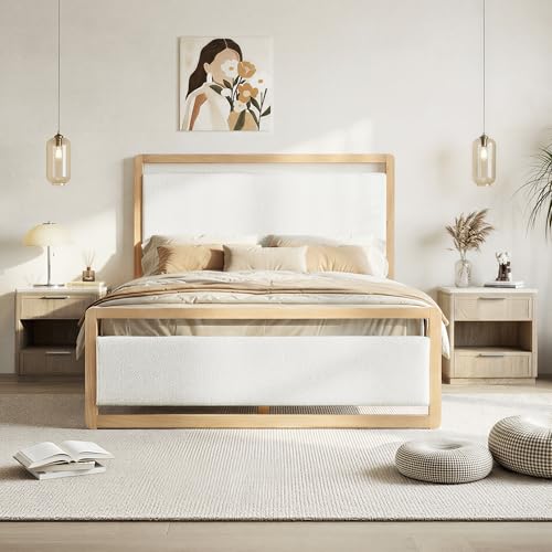 Queen Wood Platform Bed Frame with Boucle Upholstered Headboard, view 4