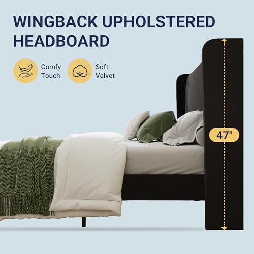 King Size Velvet Platform Bed Frame, Tall Wingback Headboard, Black, view 7