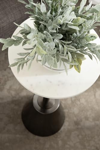 Tira Elegant Round Drink Table, 10 x 22, White Marble and Gray Gunmetal, Modern Glam Circle Martini Table for Use as a Small Bedroom Nightstand or Living Room Plant Stand Option