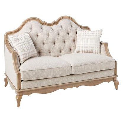 Chelmsford Loveseat with 2 Accent Pillows Beige Fabric Antique Taupe Frame Elegant Upholstered 2 Seater Sofa Classic Living Room Furniture Comfortable Cushions Durable Wooden Construction