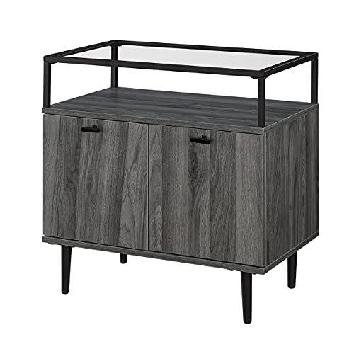 Modern Glass and Wood End Side Table Living Room Storage Small End Table, 2 Drawer, Slate Grey