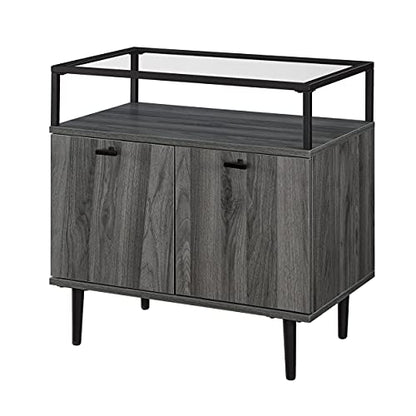 Modern Glass and Wood End Side Table Living Room Storage Small End Table, 2 Drawer, Slate Grey