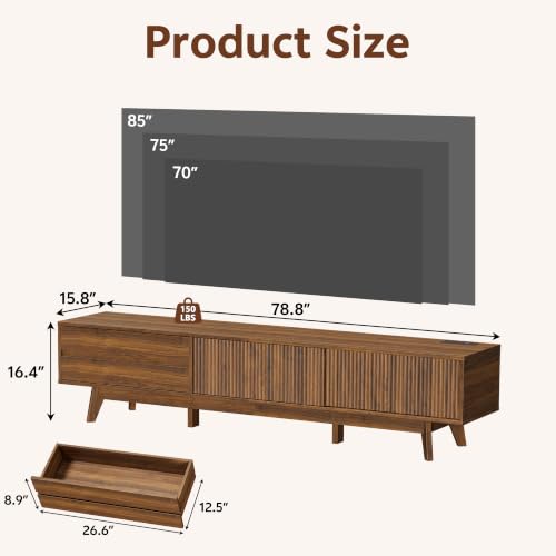 78" Fluted TV Stand with Power Outlet, Living Room TV Stand Walnut, view 3