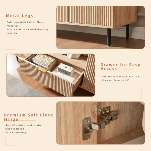 Modern Fluted TV Stand for 65 Inch TVs with Drawer, Oak | Modern fluted TV stand with drawer, storage cabinets, soft-close hinges and cable management, perfect for living rooms.