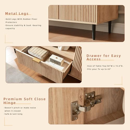 Modern Fluted TV Stand for 65 Inch TVs with Drawer, Oak | Modern fluted TV stand with drawer, storage cabinets, soft-close hinges and cable management, perfect for living rooms.
