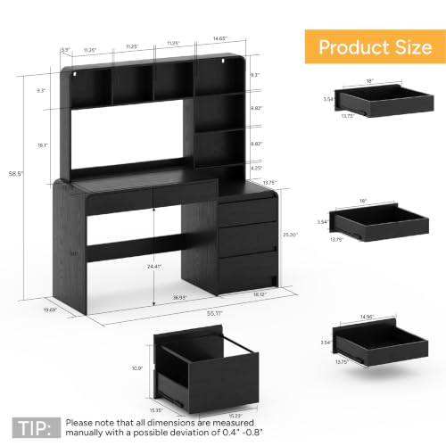 55.1" Computer Desk with Hutch & 4 Storage Drawers,Black, view 3