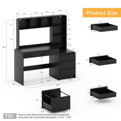55.1" Computer Desk with Hutch & 4 Storage Drawers,Black, view 3