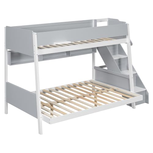JIVOIT Twin Over Full Bunk Bed with Striped-Design Staircase, Side Shelves, view 8