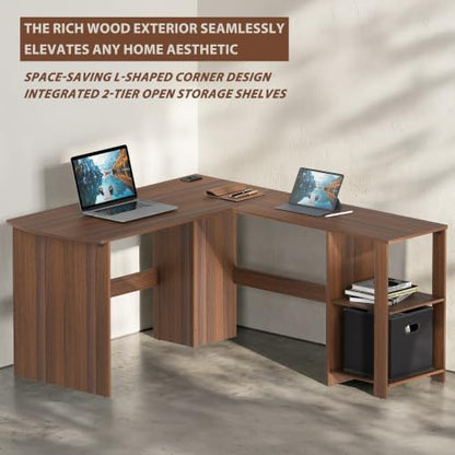 51 x 51 L-Shaped Home Office Wood Corner Desk with Storage, Walnut, view 6