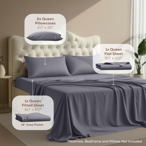 Queen Sheets Set, 4 Pieces 16" Deep Pocket Hotel Luxury Bed Sheets, Grey, view 4