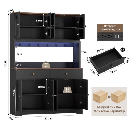 71" LED Kitchen Pantry Cabinet with Power Outlet, Tall Hutch, Black, view 4