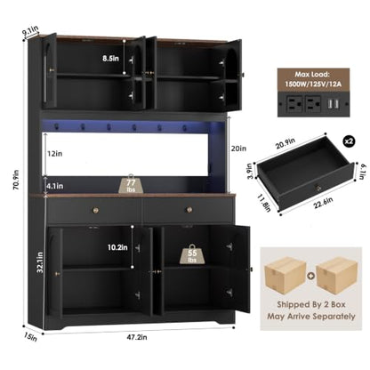 71" LED Kitchen Pantry Cabinet with Power Outlet, Tall Hutch, Black, view 4