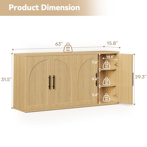 63" Fluted Buffet Cabinet, Oak Credenza with Adjustable Shelf, view 3