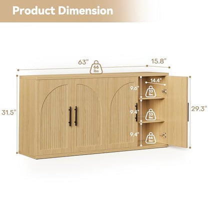 63" Fluted Buffet Cabinet, Oak Credenza with Adjustable Shelf, view 3