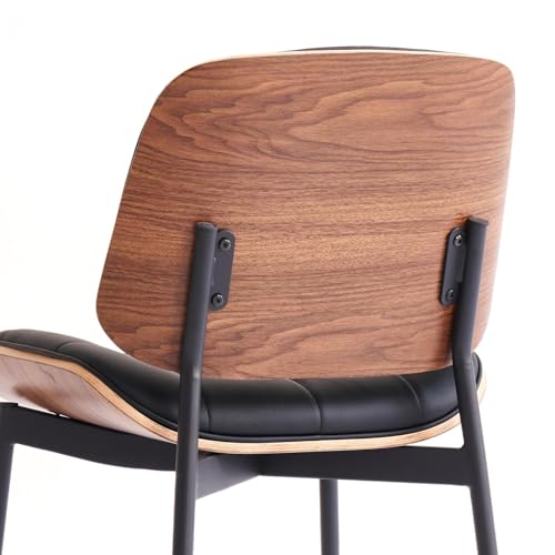 Mid Century Modern Dining Chairs with Walnut Grain Back, Black Faux Leather Dining Room Chairs Set of 2, Checkered Soft Cushion Kitchen Chairs with Adjustable Foot Pads
