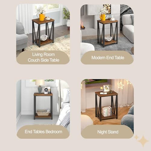 Small End Table, Rustic Wood and Metal Side Table with Storage, Modern Night Stand for Living Room Bedroom Office, Walnut