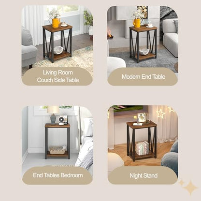 Small End Table, Rustic Wood and Metal Side Table with Storage, Modern Night Stand for Living Room Bedroom Office, Walnut