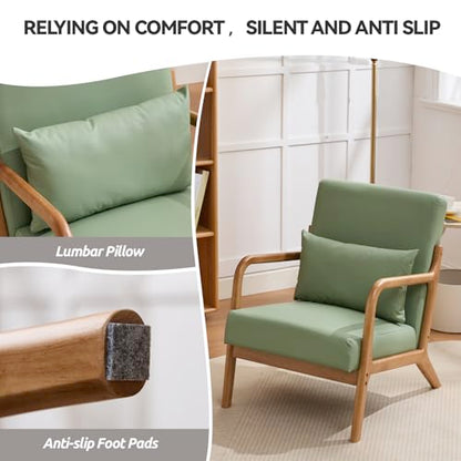Mid Century Modern PU Leather Chair with Lumbar Pillow and Solid Wood Frame, view 4