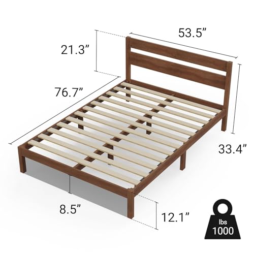 Full Bed Frame with Headboard Classic Wood Platform, Noise Free, view 3