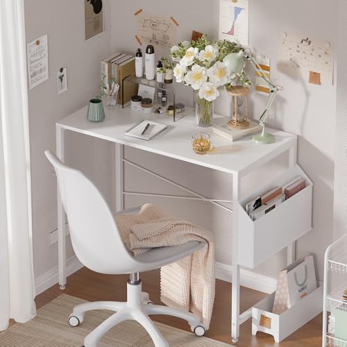 32 Inch Computer Desk Small Spaces Desk with Storage Bag for Bedroom Writing and Home Office Work Small Study Desk Table White