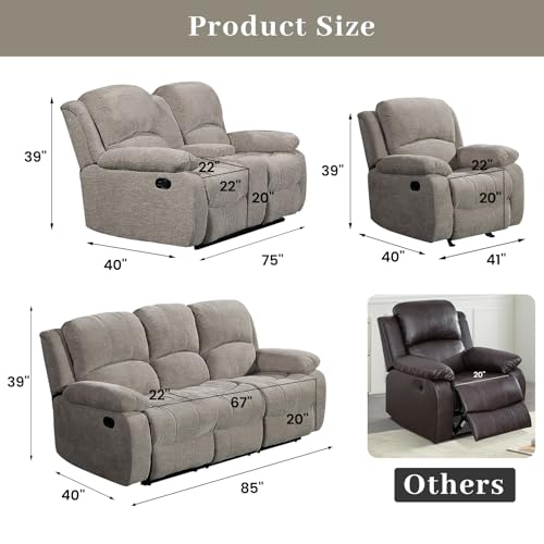 Soft Microfiber Reclining Sofa Set, Drop Down Table, Cupholder Console, Living Room Set, Sofa Loveseat Glider Chair 8018M (Light Grey, Sofa+Loveseat+Chair)