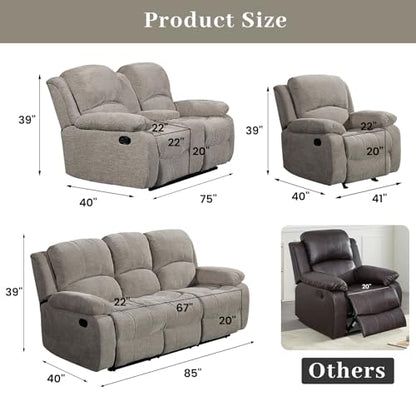 Soft Microfiber Reclining Sofa Set, Drop Down Table, Cupholder Console, Living Room Set, Sofa Loveseat Glider Chair 8018M (Light Grey, Sofa+Loveseat+Chair)