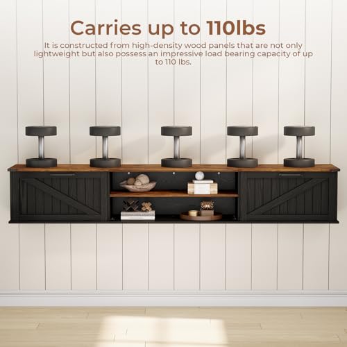 70" Farmhouse Floating TV Stand with Filp Doors for TVs up to 90", Black, view 7